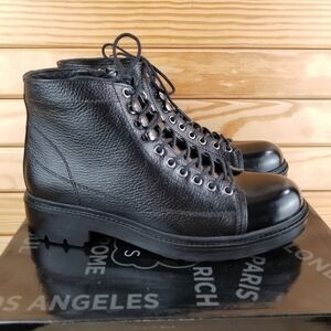 Men's Boots 8M 100% Genuine Leather Black Biker Paul Branco Side Zip Lace-up NEW